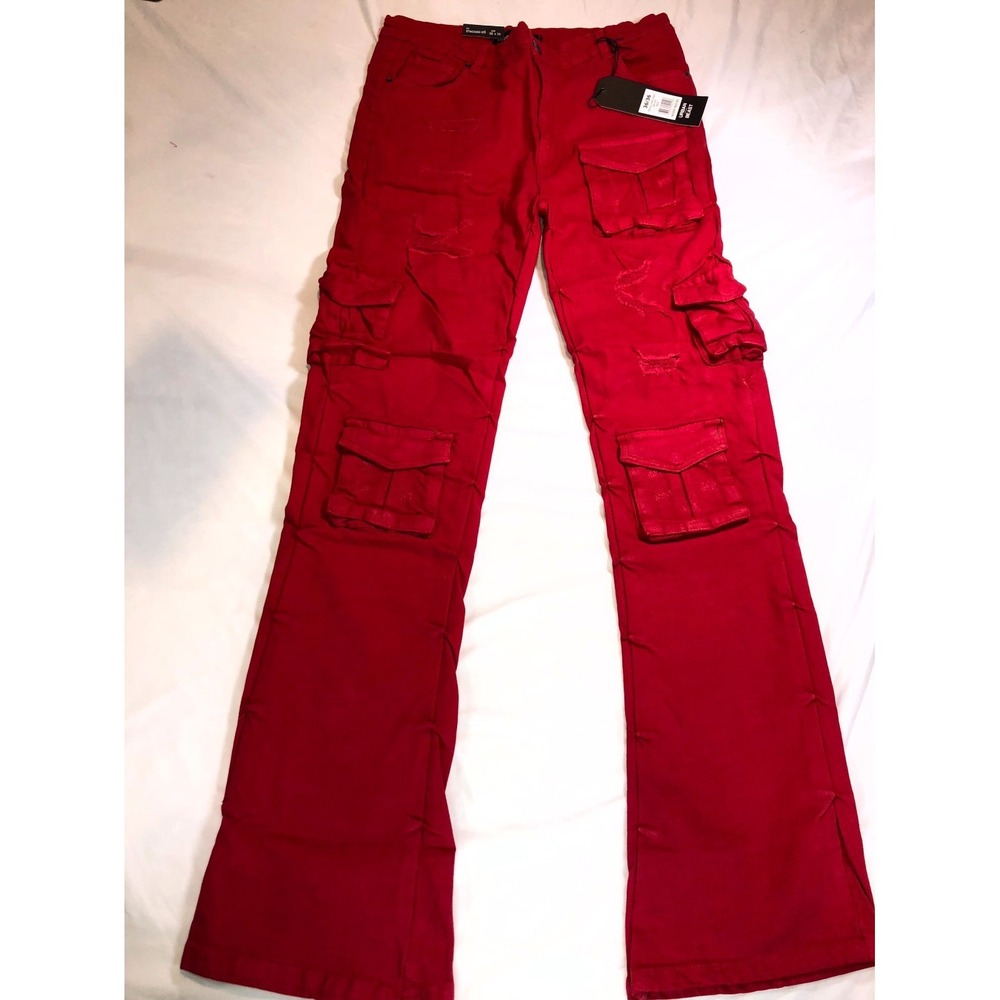 Urban Beast Mens Red Cargo Pants 36x36 Stacked Fit Distressed Twill UB118T